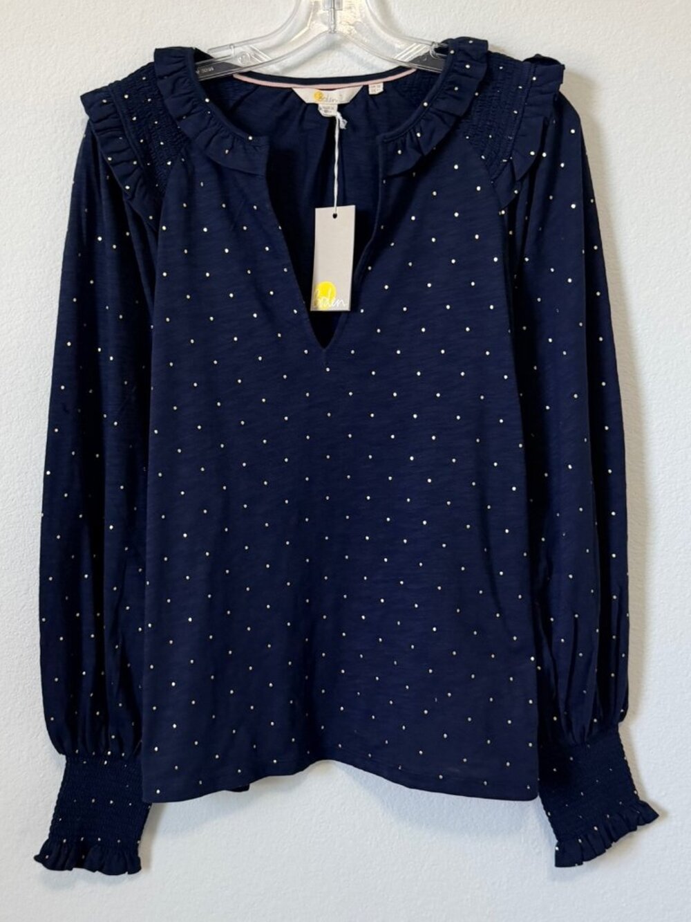 Boden Blue/Gold Dot Long Sleeve V-Neck Ruffled Cotton Blend Blouse Size 14